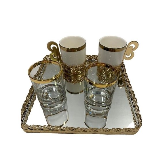 Turkish Gold Mirrored Tray Espresso Cups & Shot Glasses Ottoman Style Set For 2 - Picture 2 of 12